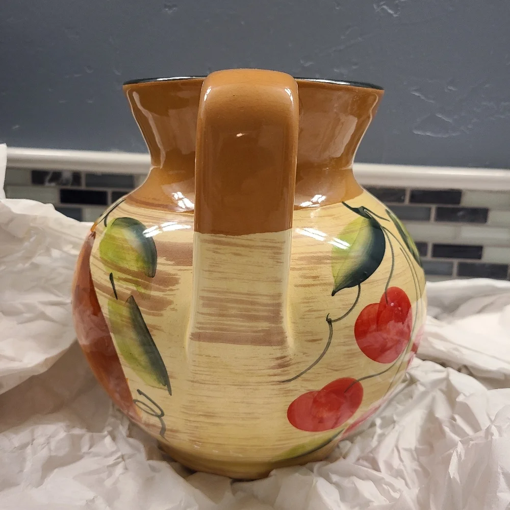 Crate & Barrel Hand Painted Fall Fruit Sienna Pitcher
